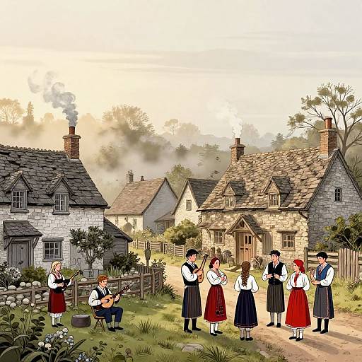 Digital illustration of a quaint village scene with six villagers in traditional Bavarian attire, one playing a lute, surrounded by stone cottages, misty