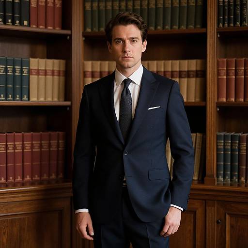 Photograph of a handsome, white male with short brown hair, wearing a black suit, white shirt, and black tie, standing in a wooden library