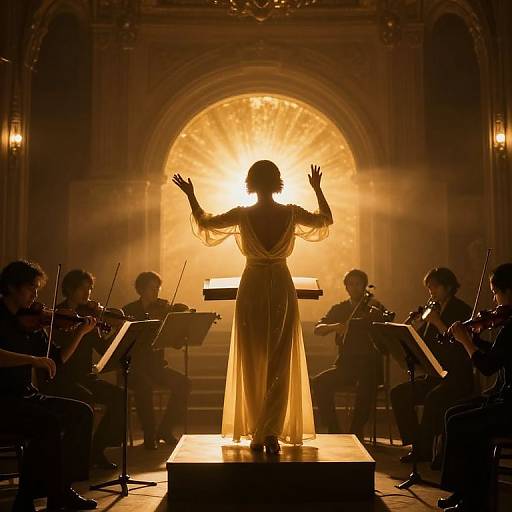 Photograph of a female conductor in a flowing, yellow gown, silhouetted against a radiant, golden arch backdrop, leading an orchestra in a