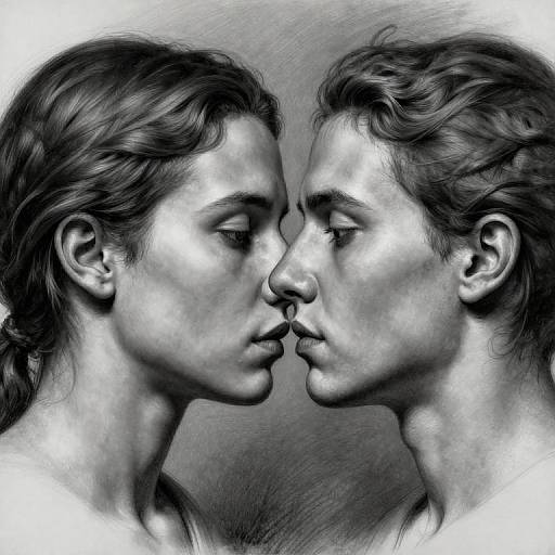Monochromatic digital drawing of two women facing each other, noses touching, with detailed textures and soft shading, creating an intimate, symmetrical composition.