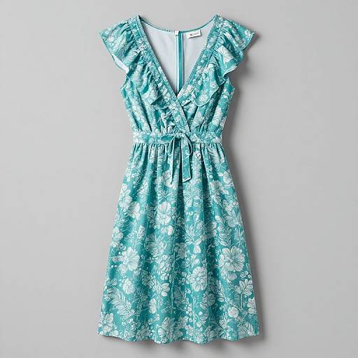 Turquoise floral dress with short sleeves and deep V-neck, cinched waist, and ruffled shoulders, displayed against a plain white background.