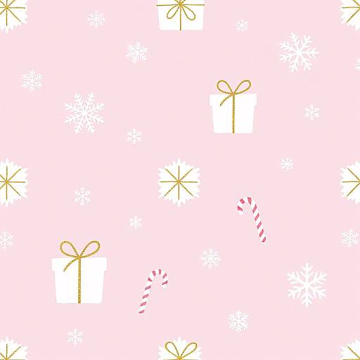 Pattern of white gift boxes with gold and red bows, and white snowflakes on a white background. Digital illustration.
