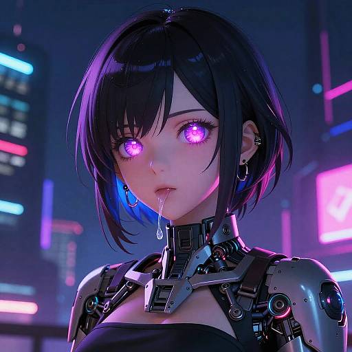 Cyberpunk anime-style digital artwork: black-haired woman with glowing purple eyes, robotic collar, drooling, neon-lit city background, futuristic,