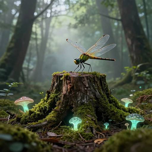 Photograph of a detailed dragonfly with translucent wings perched on a mossy tree stump in a mystical forest, surrounded by glowing, biolumines