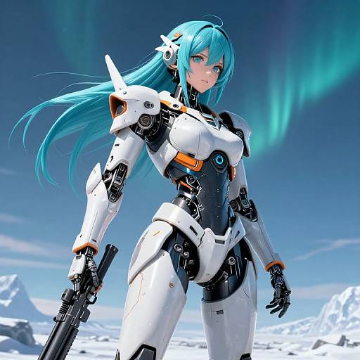 Digital anime-style artwork of a blue-haired woman in white and black futuristic armor, holding a gun, standing in a snowy landscape with aurora borealis