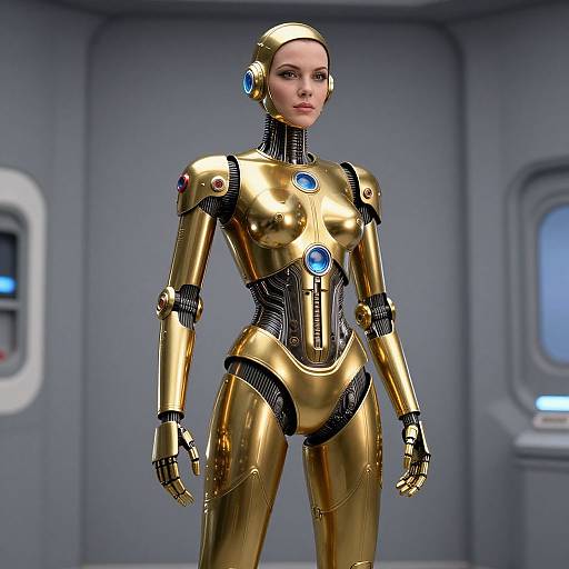 Photorealistic CGI of a golden, robotic woman with blue glowing accents, standing in a futuristic, grey-walled room.