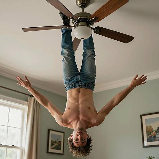 Man Hanging Upside Down from Ceiling Fan