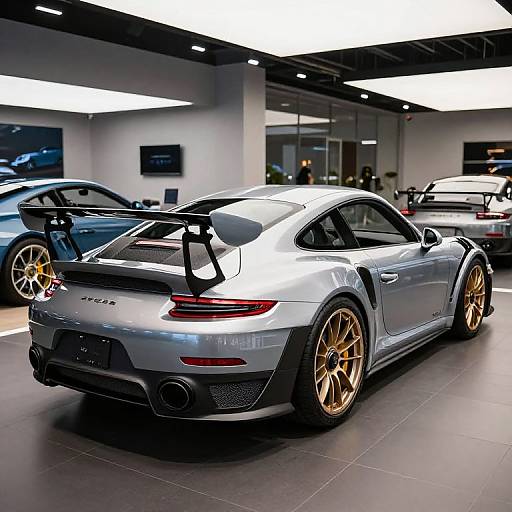 Photograph of a silver Porsche 911 GT2 RS with gold wheels, black rear spoiler, and red taillights in a modern showroom.