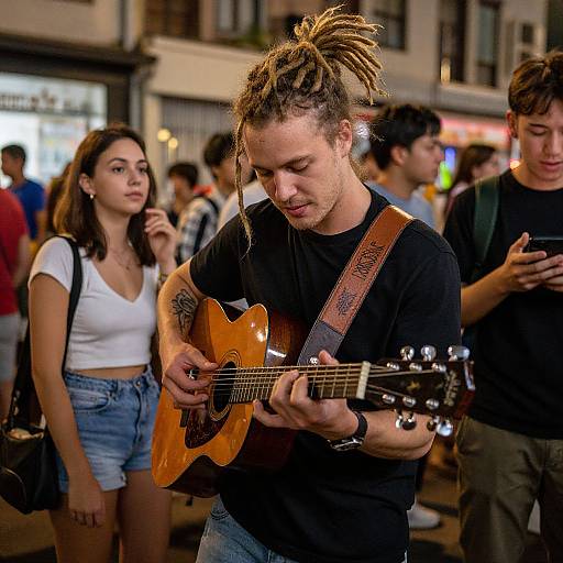 Photograph of a man with dreadlocks playing an acoustic guitar in a crowded urban street, with a young woman in a white top and denim shorts standing
