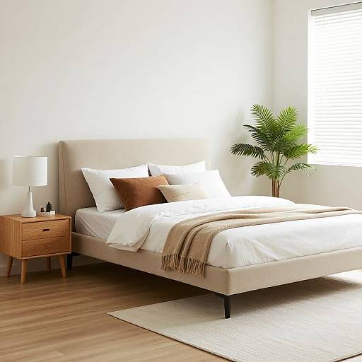 Photograph of a modern bedroom featuring a beige bed with white and brown pillows, wooden nightstand with white lamp, potted plant, and natural wooden
