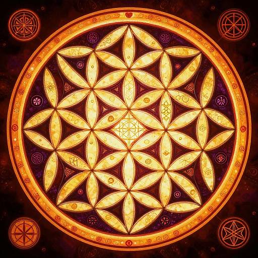 Digital artwork of a glowing, intricate, circular mandala with symmetrical, petal-like shapes, surrounded by ornate patterns and symbols, set against