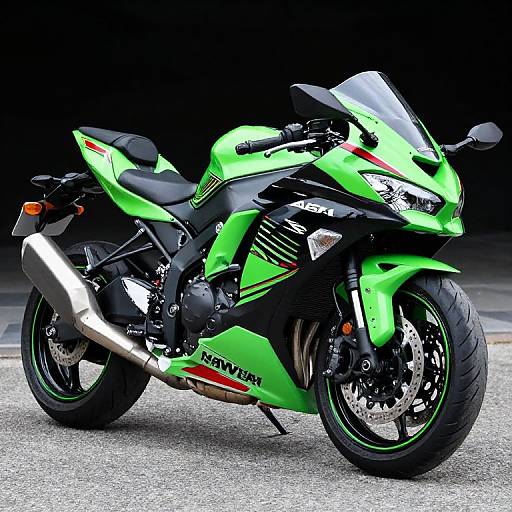 Photograph of a vibrant green Kawasaki sport motorcycle with black and silver accents, sharp angles, and aggressive stance, parked on a gray asphalt surface against a