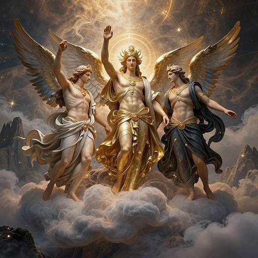 Digital art of three winged deities with golden crowns, white, gold, and blue drapery, standing on clouds, illuminated by radiant