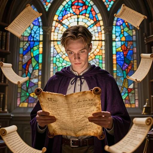 Young man in dark cloak, holding aged parchment, surrounded by floating scrolls, stands before vibrant stained glass window. Photographic realism.