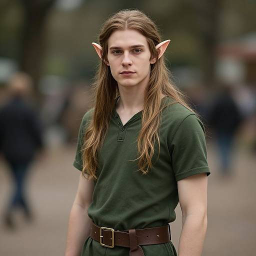 Photograph of a young, pale-skinned man with long brown hair, pointed elf ears, and green tunic, standing outdoors in a blurred,