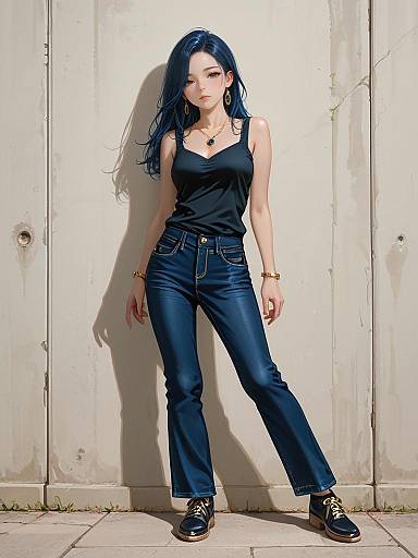 Photograph of a slender woman with long blue hair, wearing a black tank top, blue jeans, and black sneakers, standing against a white, weather