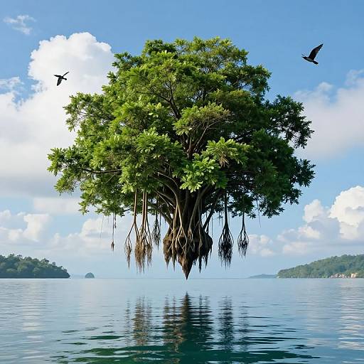 Photograph of a floating mangrove tree with green leaves and hanging roots, reflected in calm blue water, under a bright sky with fluffy clouds and two