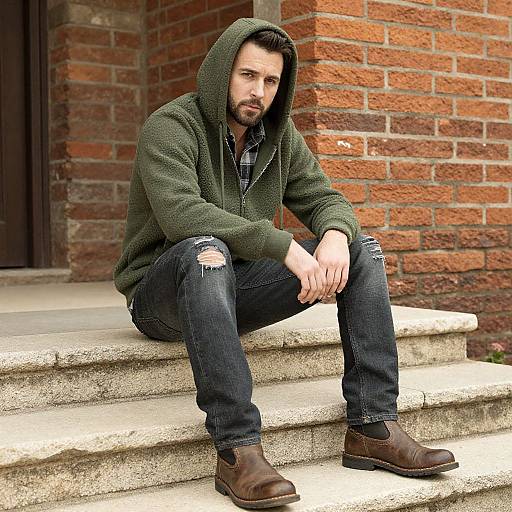 Photograph of a bearded man with a hooded green sweater, ripped jeans, and brown shoes, sitting on concrete steps against a red brick wall