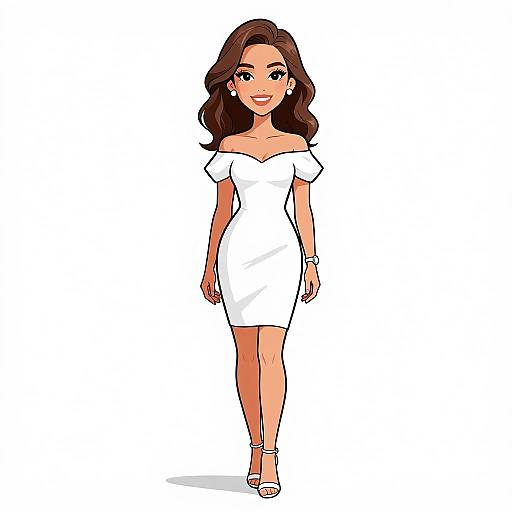 Cartoon-style illustration of a smiling woman with long brown hair, wearing a white off-shoulder dress and white heels, walking confidently against a plain