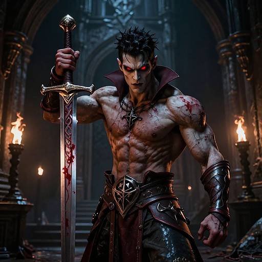 Digital artwork of a muscular, shirtless, blood-streaked demon warrior with red eyes, holding a blood-splattered sword in a dark,