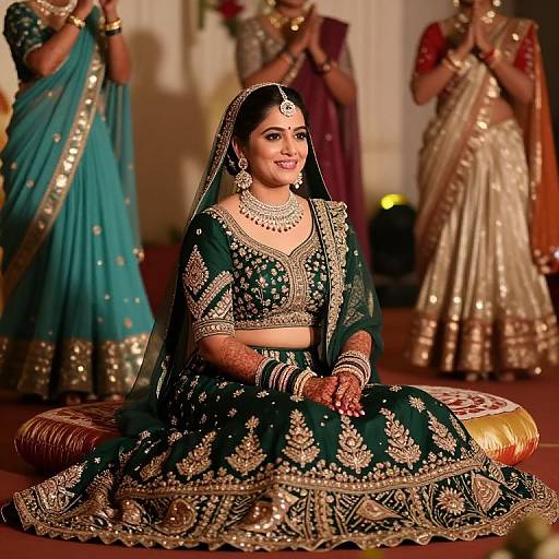 Photograph of a smiling Indian bride in a green and gold embroidered lehenga, seated on a cushion, surrounded by bridesmaids in colorful sarees,