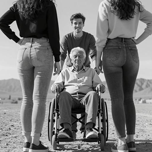 Elderly man in wheelchair with family in desert