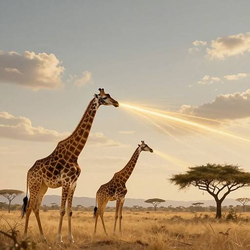 Photograph of two giraffes standing in a sunlit, grassy savanna with distant acacia trees and a golden sky. Larger giraffe