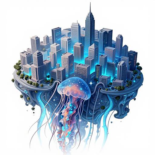 Digital art of a futuristic city island with glowing blue lights, surrounded by a translucent jellyfish with flowing tentacles.