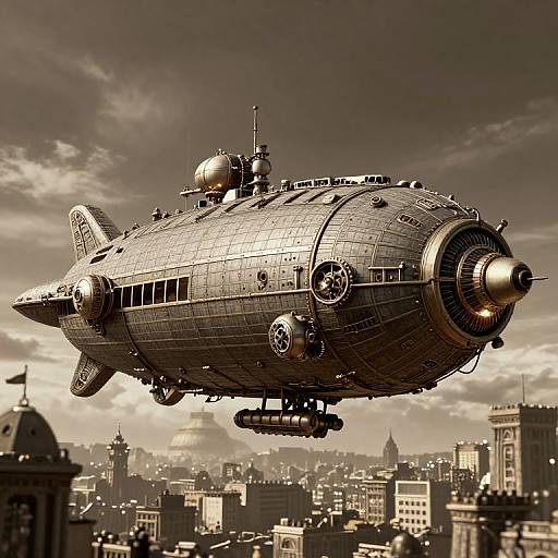 Sepia-toned digital artwork of a steampunk airship with two large propellers, spherical dome, and intricate metallic textures, flying over a