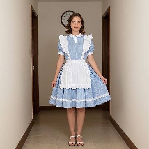 Photograph of a young woman in a blue and white vintage maid dress standing in a narrow, white-walled hallway with a clock on the wall behind