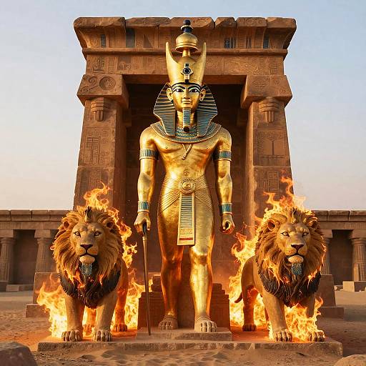 Photograph of a golden, Anubis statue flanked by fiery lions, standing before an ancient Egyptian temple entrance at sunset.
