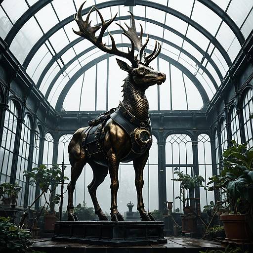 Steampunk Bronze Dragon Stag Statue in Victorian Greenhouse