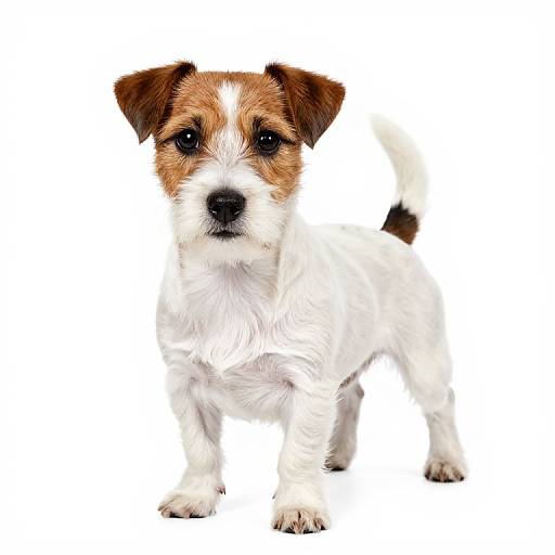 Photograph of a small, white and brown Jack Russell Terrier with black eyes, standing against a plain white background.