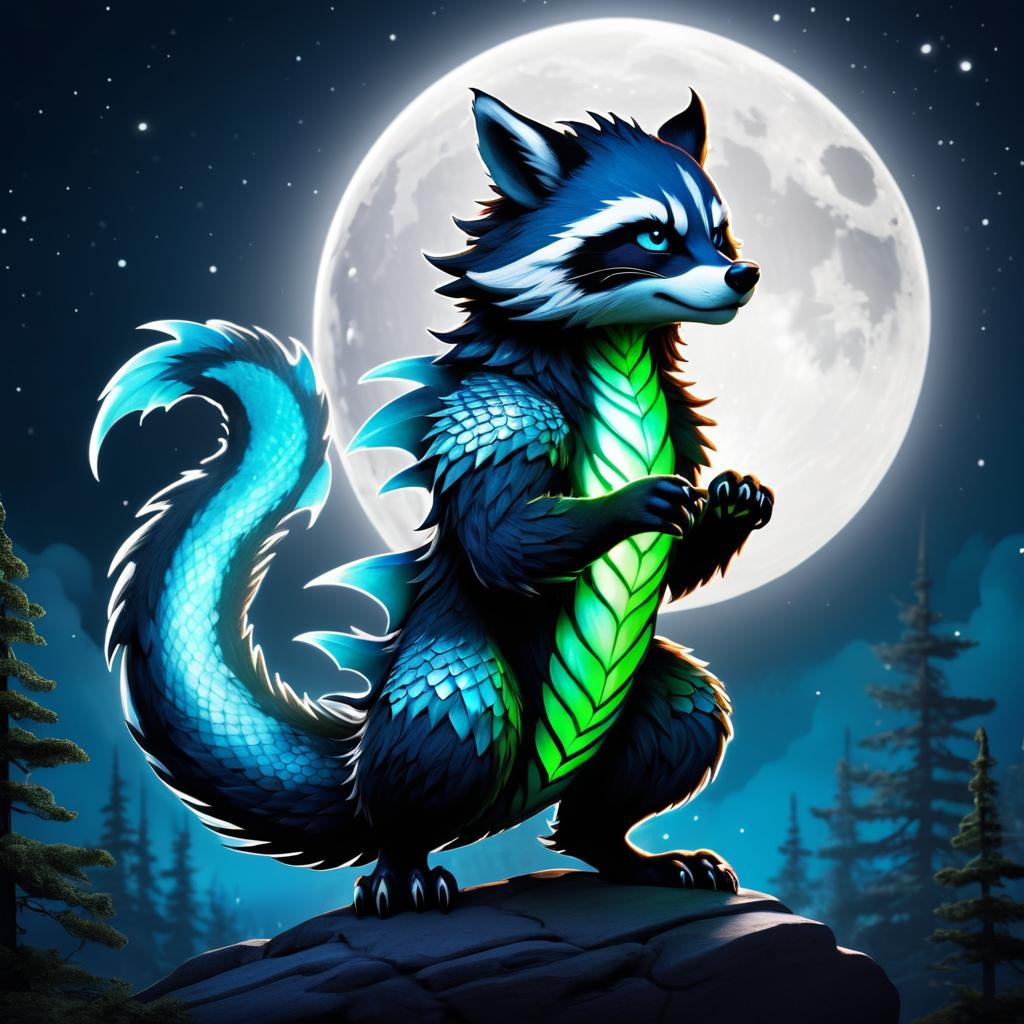 Mystical Dragon-Raccoon Creature Under Moonlight