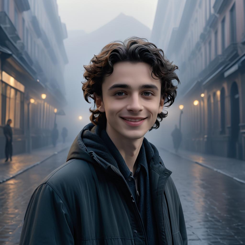 Eerie Smiling Timothee in Foggy City