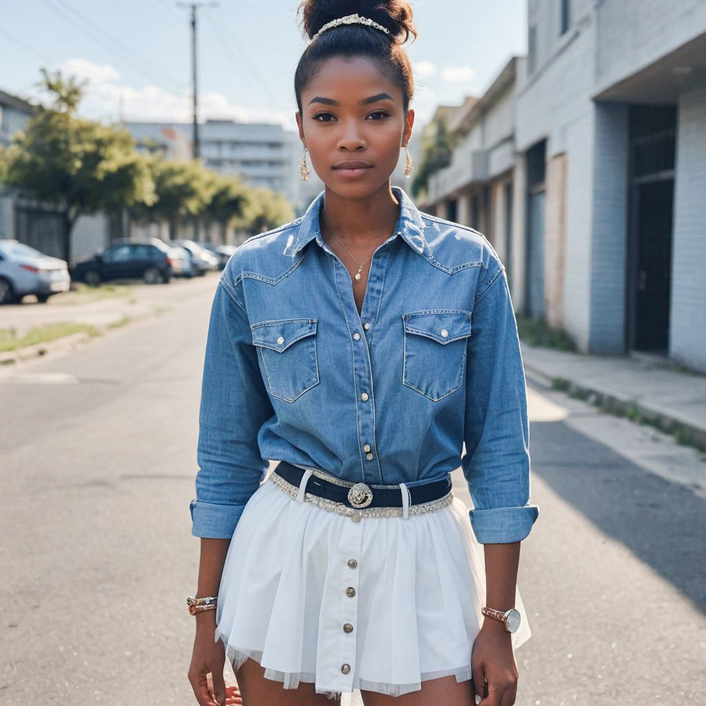 Stylish Woman in Denim and Tulle