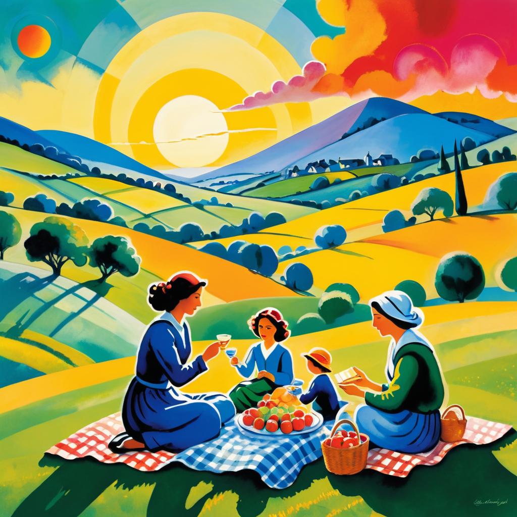 Family Picnic Under Chagall's Vibrant Sunset