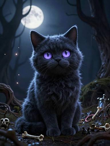 Digital artwork of a fluffy, dark blue cat with glowing purple eyes sitting in a spooky, moonlit forest, surrounded by bones and glowing mushrooms.