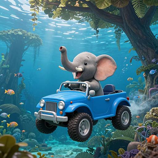 CGI illustration of a joyful cartoon elephant driving a blue convertible jeep underwater, surrounded by colorful fish, coral, and lush aquatic plants.