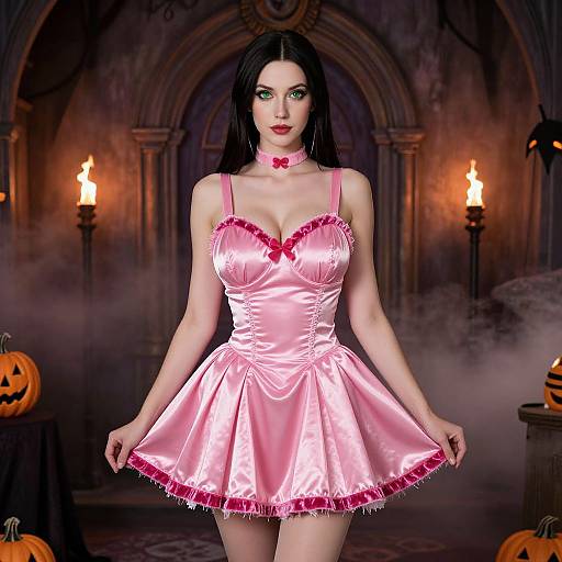 Digital art of a pale-skinned woman with black hair in a pink satin dress with red trim, bow, and choker, standing in a dim