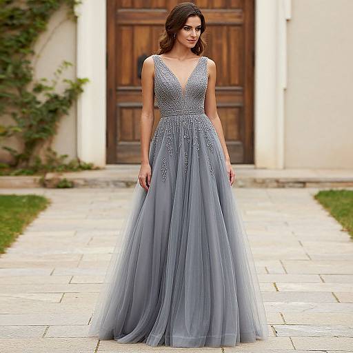 Elegant Woman in Gray Tulle Prom Dress