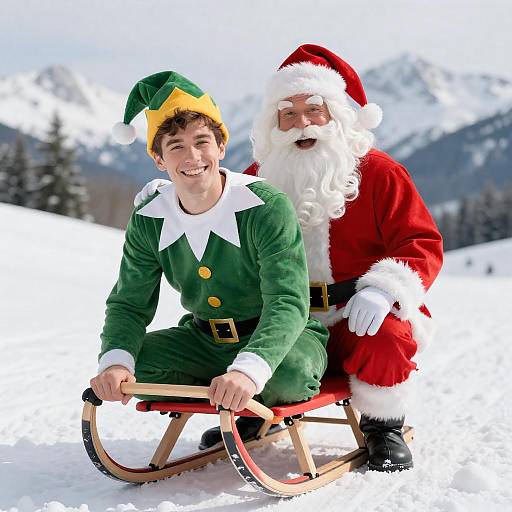 Smiling Elf and Laughing Santa on Sled