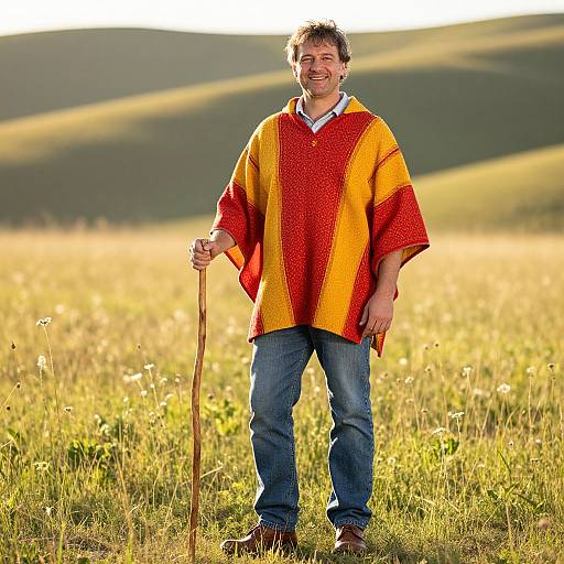 Friendly Man in Vibrant Poncho Meadow