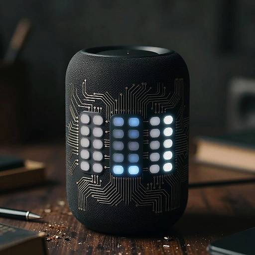 Photograph of a black, cylindrical electronic device with a grid of glowing blue and white LED lights on a dark, textured surface. Blurred background with