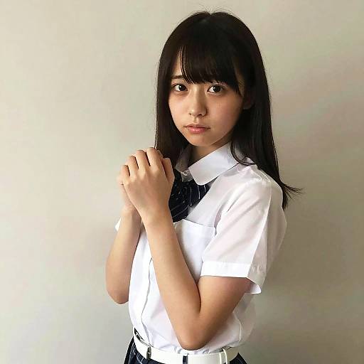 Photograph of an Asian woman with long black hair, wearing a white short-sleeve shirt and black tie, standing against a plain white background,