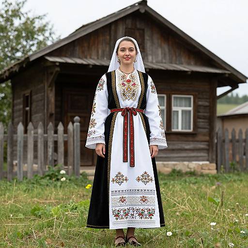 Photograph of a woman in traditional Eastern European folk dress with intricate embroidery, standing in front of a wooden house with a picket fence, on a