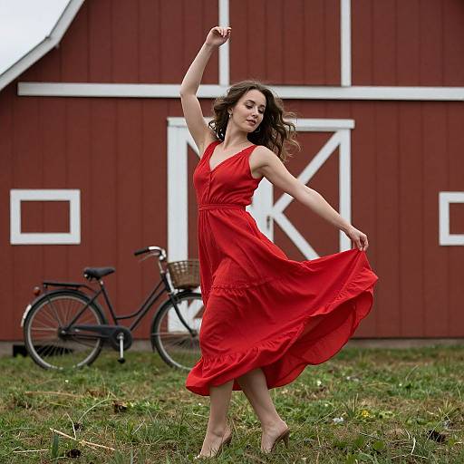 Photograph of a fair-skinned woman with wavy brown hair, wearing a flowing red dress, dancing in front of a red barn with a black