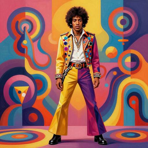 Photograph of a Black man with afro, wearing a colorful, patterned jacket, split yellow and purple pants, standing confidently in front of a