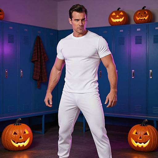 Photograph of a muscular man in a white t-shirt and pants, standing in a blue locker room with glowing Jack-o'-lanterns.