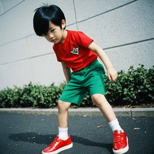 Boy in Red Shirt and Green Shorts Outdoors